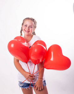 女孩与气球在照相馆, 一个快乐的孩子与气球
