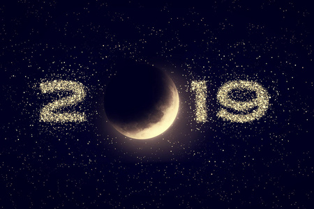 夜晚的天空与月亮和星星。2019年新的一年设计。美国宇航局提供的这张图片的元素