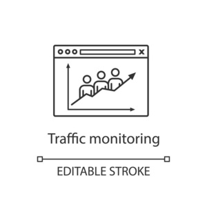 网站流量线性图标。铅生成。细线插图。搜索引擎优化监控。网络流量增长。社交媒体分析。等值线符号。矢量隔离轮廓图。可编辑描边