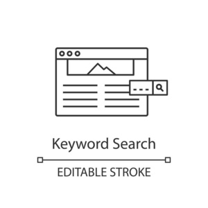 关键字搜索线性图标。打开网页搜索。细线插图。网上冲浪。网站标签。等高线符号。矢量隔离轮廓绘图。可编辑笔画