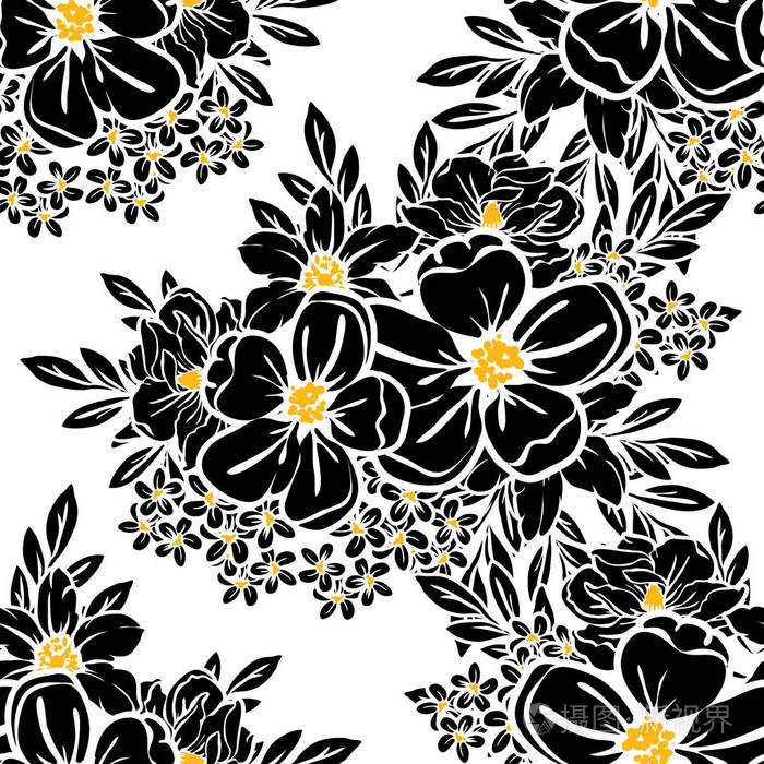 无缝复古风格的花卉图案黑白相间的花元素