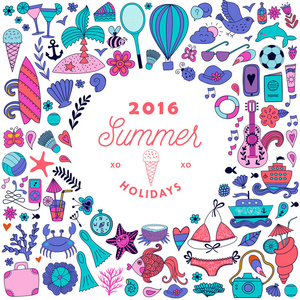 夏季涂鸦设计 旅游度假插图在花圈形状