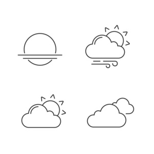 天气预报线性图标设置。日出, 日落, 部分多云多风的天气, 云。细线等高线符号。隔离的矢量大纲插图。可编辑笔画