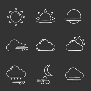 天气预报粉笔图标设置。太阳, 日出, 日落, 风, 云, 部分多云的天气, 倾盆大雨, 多风的夜晚, 雾。隔离向量黑板插图