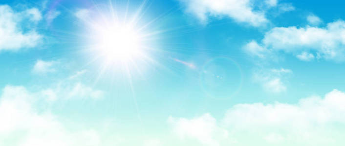阳光明媚的背景下，蓝色天空白云和太阳