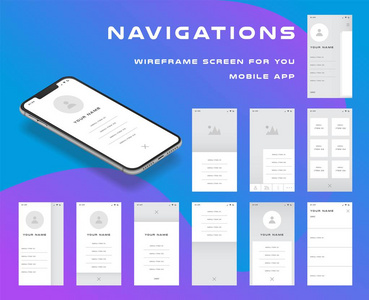 10在 1个 ui 套件。您的移动应用程序的线框屏幕. gui 模板的主题的投资组合。与 ux 设计的开发界面。向量例证。epp