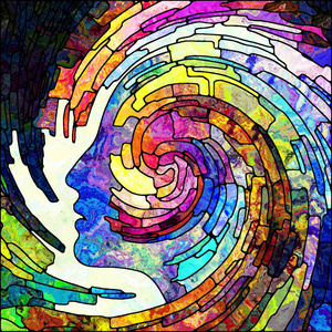 螺旋旋转系列。抽象设计由彩色碎片的彩色玻璃旋涡图案制作, 主题是色彩设计创意艺术和想象