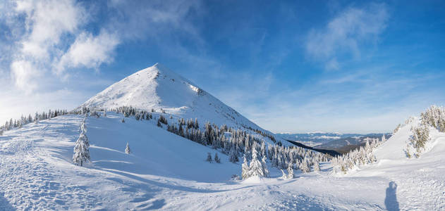 喀尔巴阡山脉美丽的冬季景观。佩特罗斯山顶积雪覆盖