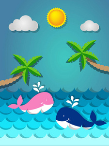 鲸鱼在海和椰子树与海滩游泳