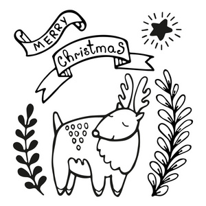 与鹿的圣诞贺卡。为邀请函海报标签打印设计。圣诞快乐节日旗帜。在白色查出的手绘的向量例证