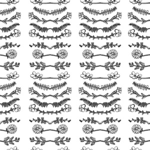无缝花卉图案。野生植物手绘黑色和白色
