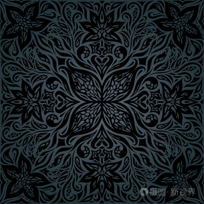 黑色华丽的花朵, 花卉装饰复古背景时尚时装壁纸曼陀罗设计