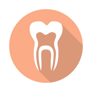 牙齿图标在玫瑰圈子与阴影查出在白色背景.扁平风格的牙齿符号.