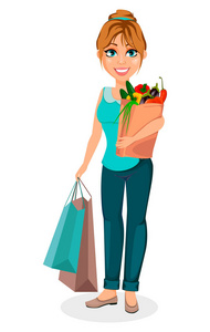 卡通人物拿着购物袋.向量例证在白色背景照片