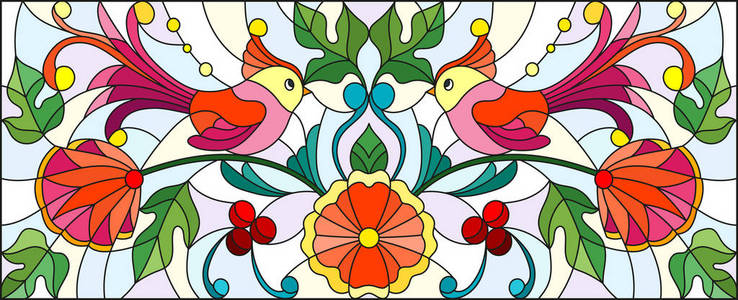 彩绘花鸟在彩色玻璃风格与抽象的鸟, 花及浅色的背景,图像横向模式一