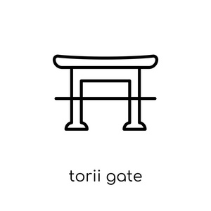 鸟居门图标。时尚现代平面线性向量 torii 门图标在白色背景从细线建筑学并且旅行汇集, 可编辑的概述冲程向量例证