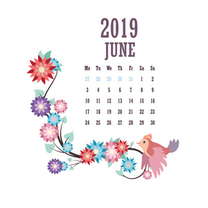2019年日历与五颜六色的鸟和花6月