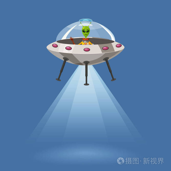 ufo 飞行的宇宙飞船与外星人, 隔离在蓝色背景, 光线光, 卡通风格