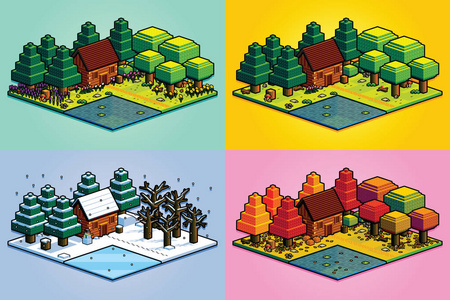 卡通森林小木屋四季节森林场景的一组分离图照片