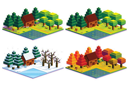 四季节森林场景的一组分离图照片