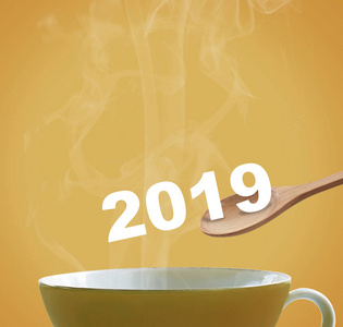 新年概念背景, 2019 和黄色咖啡杯, 未来展望
