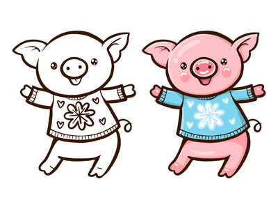 冬天例证与可爱的动画片猪。彩绘和单色版本。向量