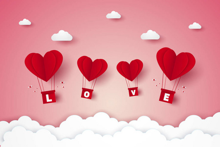 情人节, 爱情的例证, 红心热气球与在天空中的文字飞行, 纸艺术风格