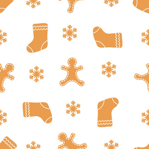 无缝模式与姜饼人, 圣诞袜, 雪花。圣诞节和新年2019背景。包装纸织物及其他印刷品的设计