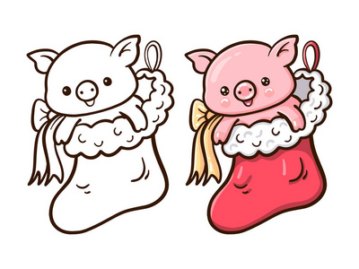 圣诞节彩绘冬天例证与可爱的动画片猪在圣诞节袜子.彩绘和单色版本.