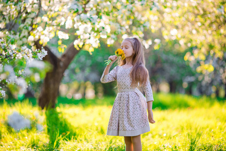 小美女享受春天苹果花园里飘落的气味