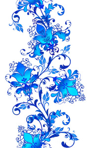 边框无缝模式。明亮的纹理蓝色卷发, 造型花卉, 佩斯利元素, 镂空编织