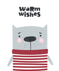 向量海报与可爱的冬天猫在舒适的衣服和口号。涂鸦插图。寒假婴儿淋浴生日孩子的部分