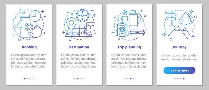 旅游组织入职移动应用程序页面屏幕与线性概念。行程规划步骤图形说明。带有插图的 UxUiGui 向量模板