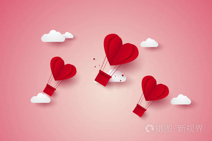 情人节爱情的例证红心热气球在天空中飞舞纸艺术风格