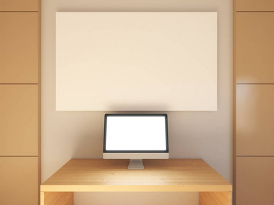 工作区的样机与空白的白色电脑屏幕上的特写