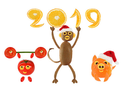 创意食品概念。2019的小有趣的蔬菜。新年快乐