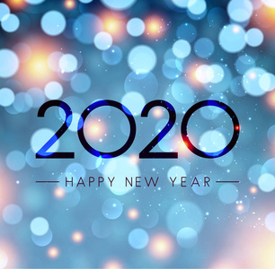 蓝色闪亮的新年快乐2020海报与 bokeh 背景