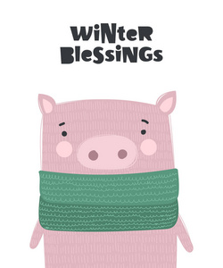 向量海报与可爱的冬天猪在舒适的衣服和口号。涂鸦插图。寒假婴儿淋浴生日孩子的部分