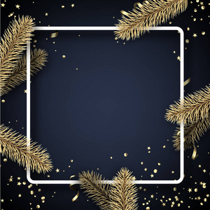 蓝色圣诞节和新年模板与白色框架, 金色冷杉分支和五彩纸屑