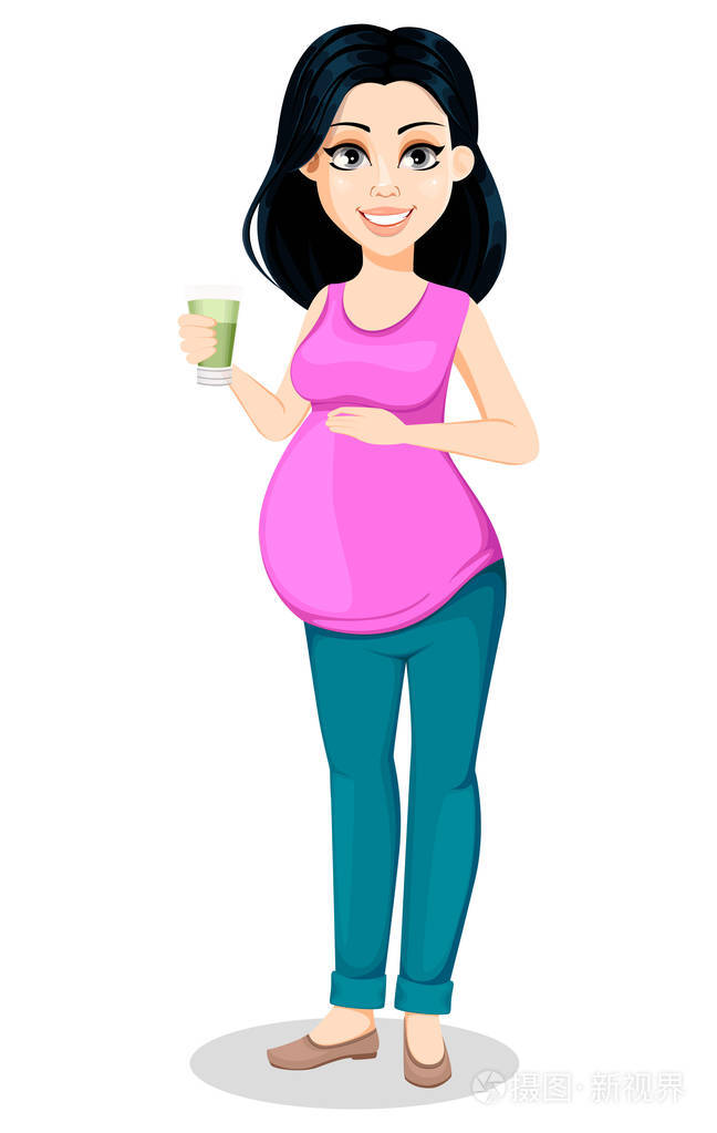 孕妇美丽的女士准备做一个母亲可爱的卡通人物拿着一杯冰沙在白色背景