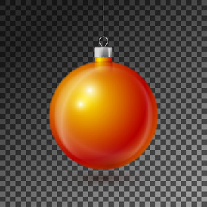 现实橙色圣诞球与银色丝带, 隔离在透明的背景。圣诞快乐贺卡。向量例证