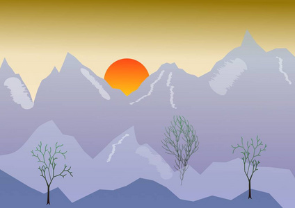 金色山峰清晨的向量风景与山, 日出, 金色的天空.