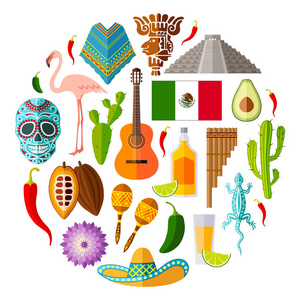 墨西哥在平面样式的图标集。矢量符号和设计元素