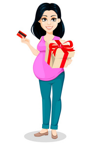 孕妇.美丽的女士准备做一个母亲.可爱的卡通人物持有信用卡和礼品盒.