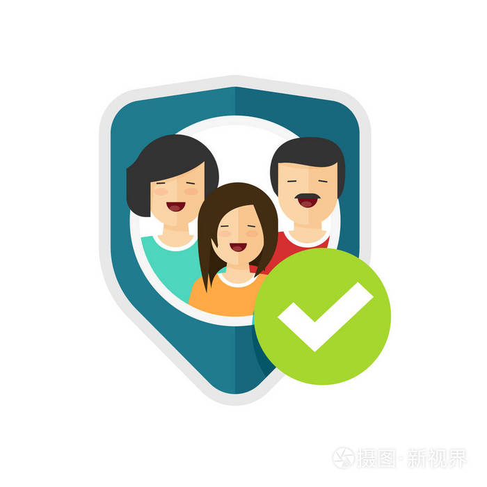 家庭保护标志向量例证, 平的动画片人小组保护与盾牌和复选标记, 家庭
