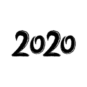 2020手写刻字。金色丙烯酸数字。2020年 快乐新年贺卡 与笔触