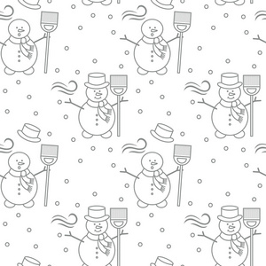 无缝模式与雪人, 扫帚, 帽子, 风, 雪。冬季主题的滑稽图案