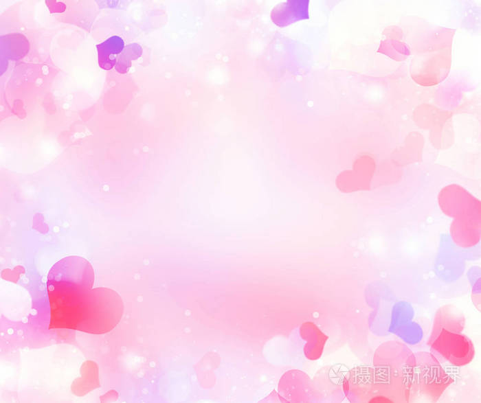 抽象节日模糊明亮的粉红色柔和的背景与五颜六色的心爱博克尔为结婚卡或情人节。浪漫质感背景, 为您的设计提供空间。卡的概念