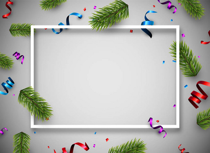 圣诞节和新年模板与冷杉分枝, 白色框架和五颜六色的五彩纸屑