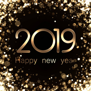 金色闪亮的新年快乐2019年卡与 bokeh 背景